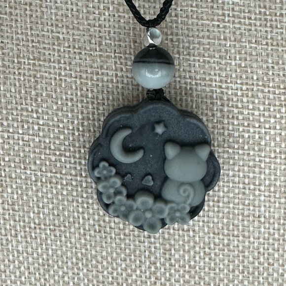 Tai Chi Stone Cat and Moon Pendant Necklace: Silver Accent on Adjustable Rope - Picture 6 of 10